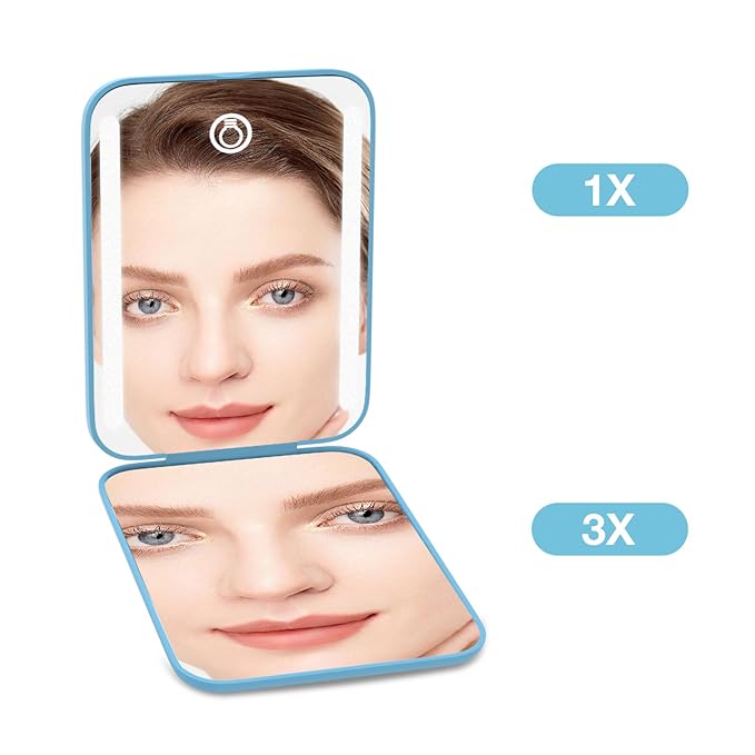 Kintion Rechargeable Pocket Mirror, Double Sided 1X/3X Magnification Compact Vanity Mirror, 3 Color Lights, Dimmable, Small Portable Wallet Mirror, Lighted Travel Mirror for Women Gifts, Blue