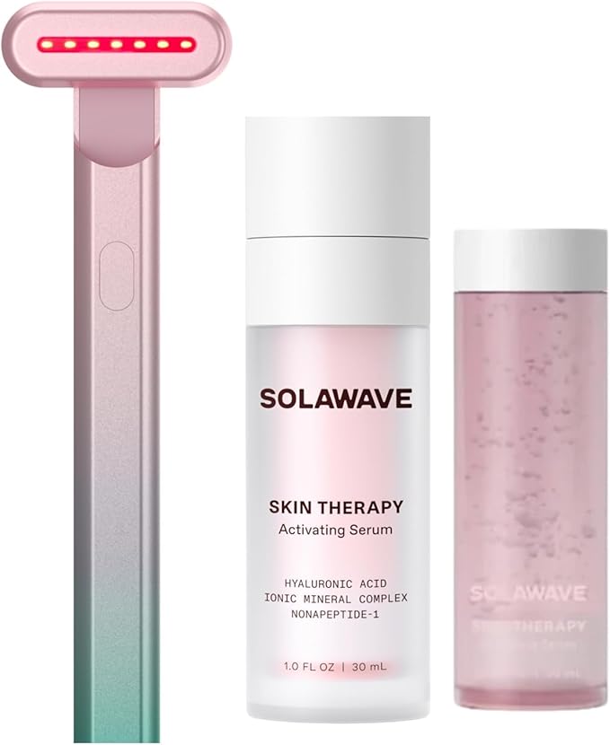 Solawave Red Light Therapy Starter Kit | Face Wand LED Device, Activating Serum, & Refill | Anti-Aging Tool for Depuffing, Under Eye Dark Circles, Reduces Appearance of Fine Lines, Lifts & Tones Neck