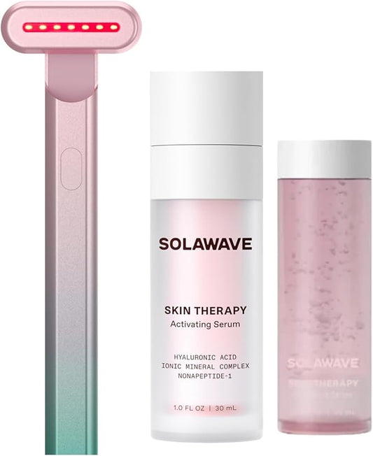 Solawave Red Light Therapy Starter Kit | Face Wand LED Device, Activating Serum, & Refill | Anti-Aging Tool for Depuffing, Under Eye Dark Circles, Reduces Appearance of Fine Lines, Lifts & Tones Neck