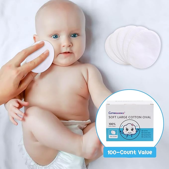 Oval Cotton Pads (100-Count)- 100% Pure Cotton, Gentle Enough for Babies, Soft Texture, Large Size, Lint-Free, Double Sided, Hypoallergenic, Use Wet or Dry