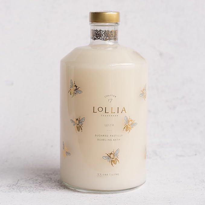 Lollia Wish Bubble Bath, 33.8 fl oz, Vanilla Bean, Rice Flower, Jasmine Leaves, & Sugar Cane, Luxury Hydrating Women's Bubbling Bath Soap, Delicate & Relaxing Scented Skin Care