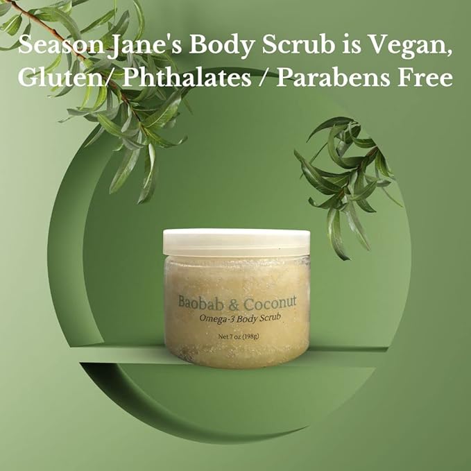 Organic Baobab & Coconut Omega Body Scrub 7oz. Omega rich exfoliator for acne, wrinkles and marks. Vegan, Gluten/Phthalates/Parabens Free. Made in USA.