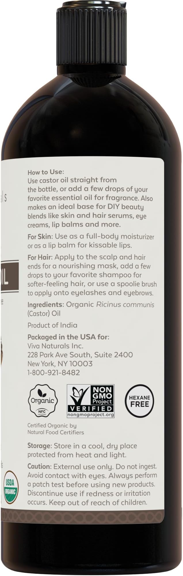 Viva Naturals Organic Castor Oil, Cold-Pressed, 16 fl oz – For Face, Hair, Eyelashes, USDA Organic, Non-GMO - With Beauty Kit