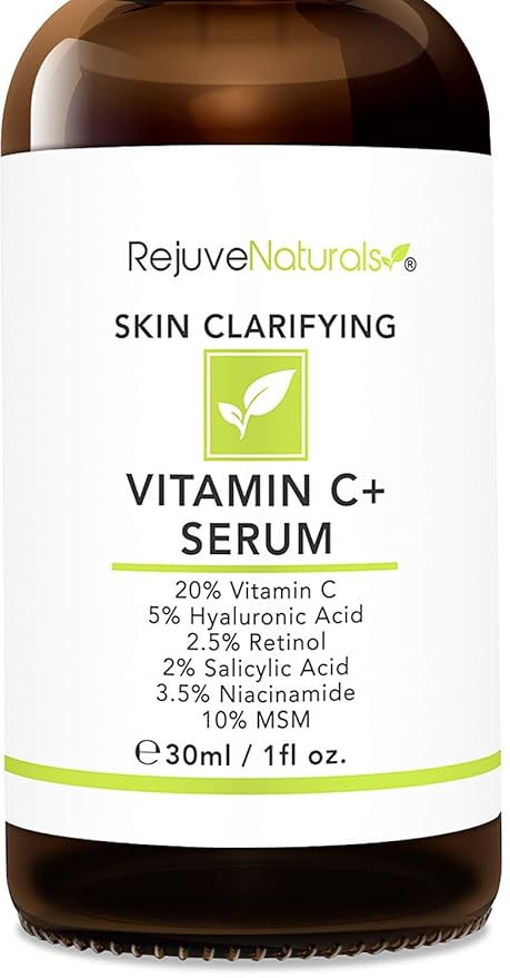 Vitamin C Serum Plus 5% Hyaluronic Acid, 2.5% Retinol, 2% Salicylic Acid, 3.5% Niacinamide, 10% MSM, 20% Vitamin C - Anti Aging Anti Wrinkle Skin Clearing Serum Organic Skin Care for Face and Eyes 1oz