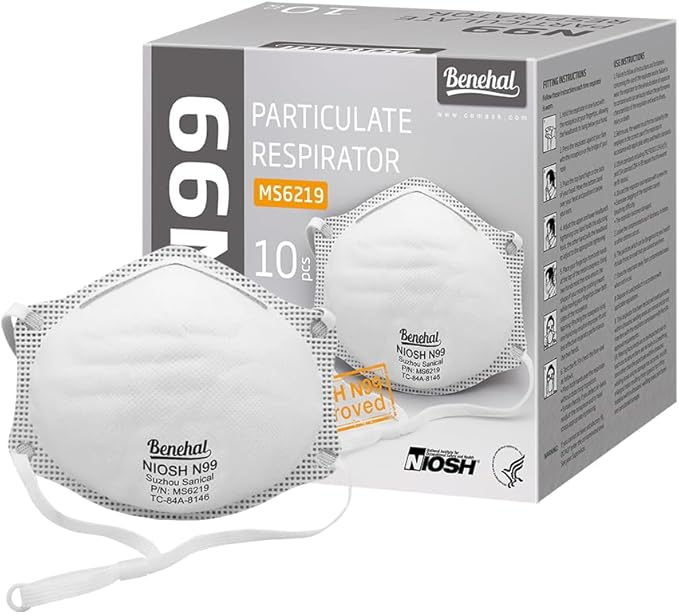 NIOSH Approved N99 Face Mask 10-Pack White N99 Respirator for Dust, Pollution & Allergies Breathable 3-Layer Filter Efficiency ≥99% Adjustable Ear Loops, Comfortable for Men Women
