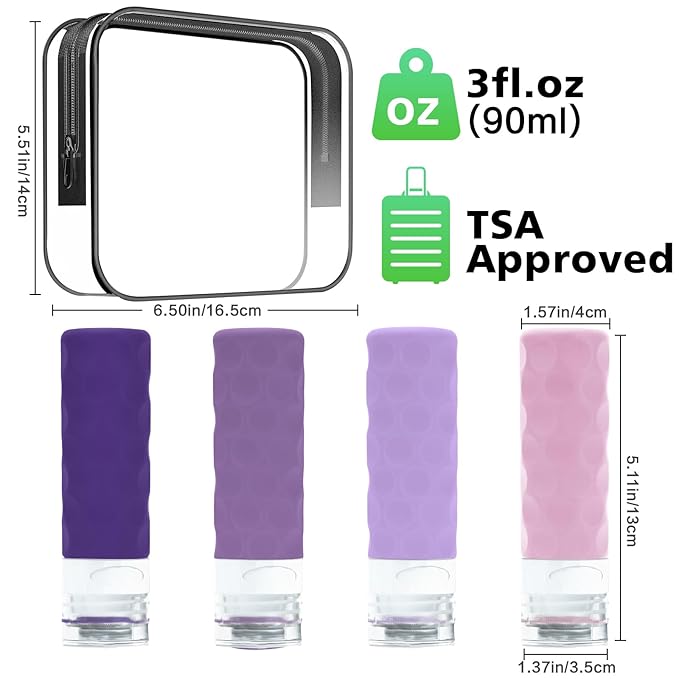 Travel Bottles for Toiletries, 4pcs Tsa Approved 3oz Travel Size Containers, BPA Free Leak Proof Premium Silicone Bottles, Refillable Liquid Squeezable Accessories W/Toiletry Bag(Purple)