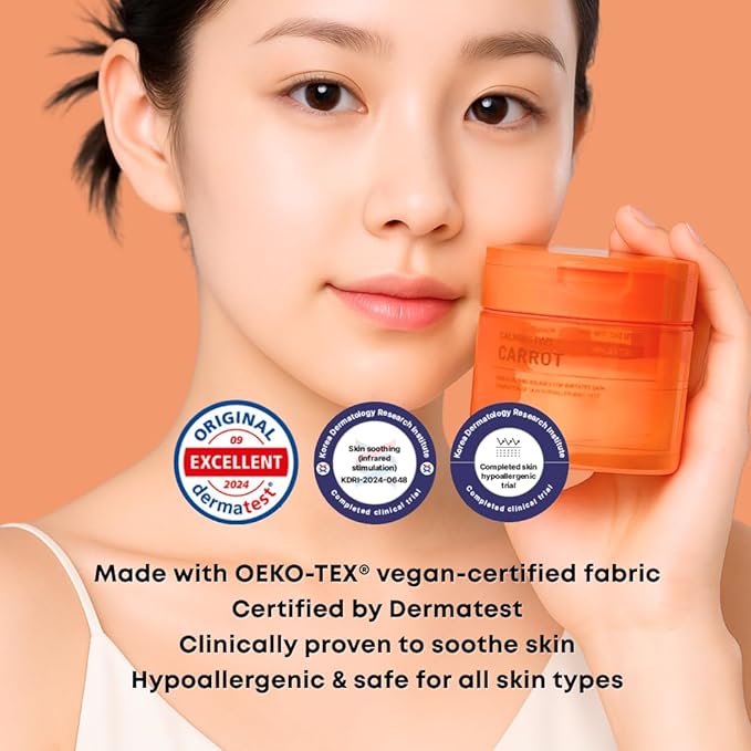 Carrot Calming Toner Pads – Korean Toner Pads with Centella Asiatica, Redness Reducing Skin Care, Pore Minimizer, Soothing & Hydrating with Jeju Carrot Extract, 100% 7 Layer Cotton 40 Pad