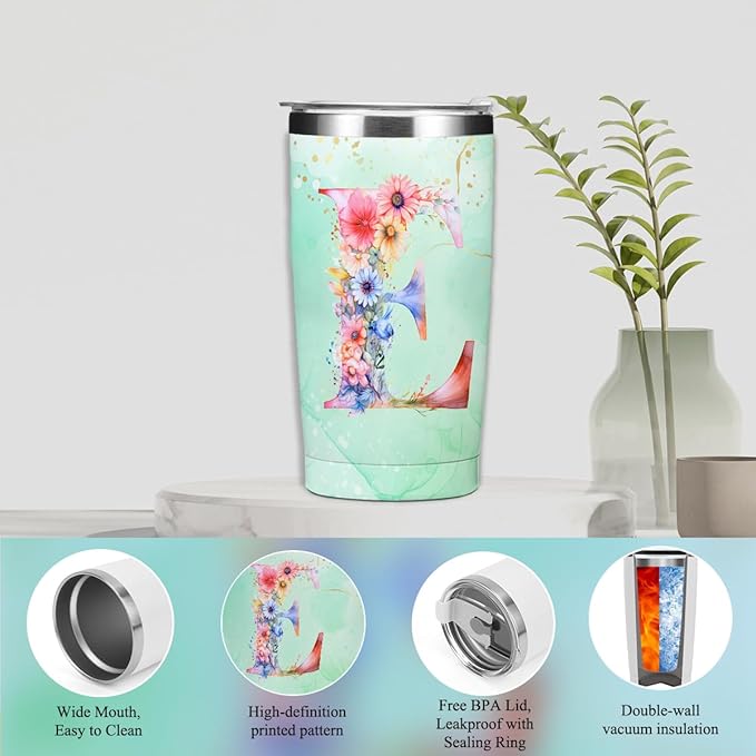 Personalized Gifts Monogrammed Birthday Gifts for Women, Daughter Bestie Friendship Christmas Initial 20 oz Tumbler, Makeup Bag Cup Ballpoint Pens Journal Notebook 6 Set, (Aesthetic Green Flower E)