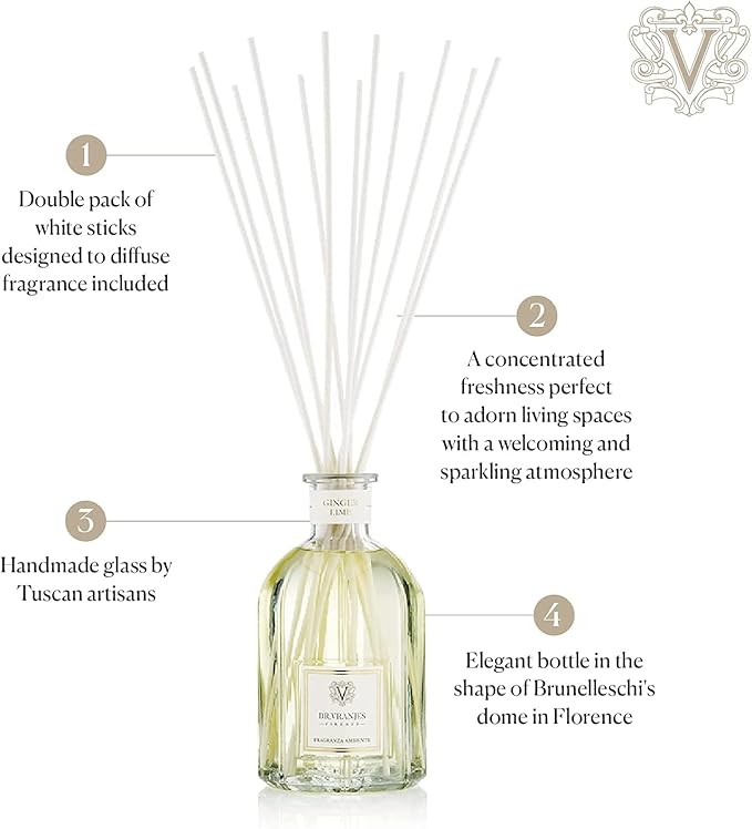 Dr. Vranjes - Ginger Lime 1250 ml Diffuser + Double Pack of White Sticks (3 Pieces Bundle)- Luxury Home Fragrance, Made in Italy, Main Scent: Fruity, Olfactory Pyramid: Lime, Ginger, White Pepper.