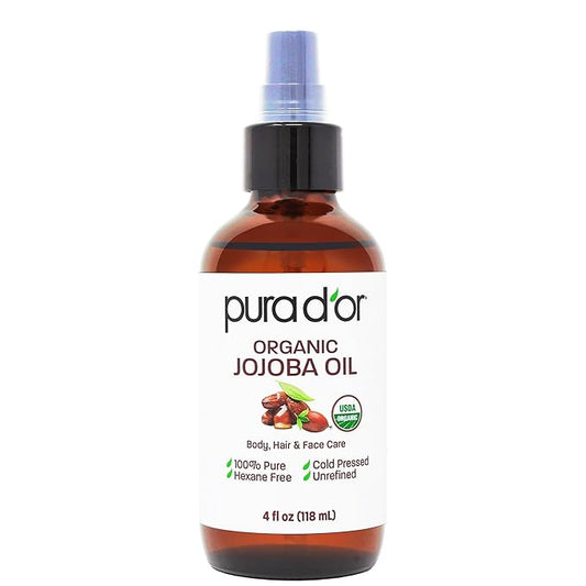 PURA D'OR 4 Oz Organic Jojoba Oil - USDA Certified - 100% Pure & Natural Moisturizer - Cold Pressed, Unrefined, Hexane Free Base Carrier Oil For DIY Skin Care, Hair, Face & Nails