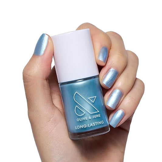 Olive & June Long Lasting Nail Polish | Gel-Like Finish No Lamp Needed | Lasts up to 10 days | Salon-Quality at Home | 15-Free Vegan Cruelty-Free Chip-Resistant Shine |Same Day Next Year Shimmery Blue