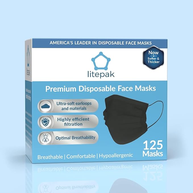 Litepak 125-Pack Disposable Face Mask Premium Comfort Earloops with Dispenser Box (Black)