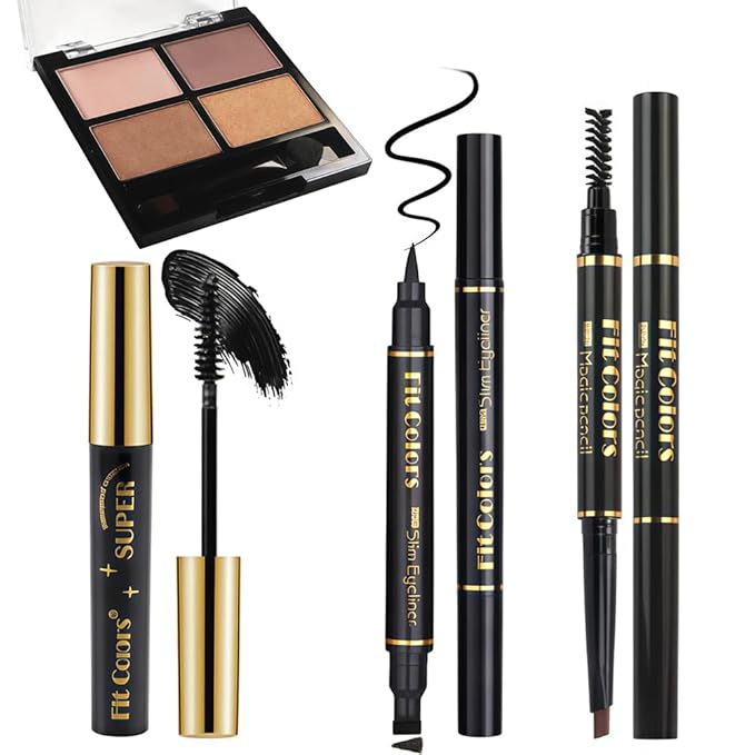 4-in-1 Eye Makeup Kit 4-Color Eyeshadow Palette Double-Ended Liquid Eyeliner Volumizing Mascara Eyebrow Pencil & Brush for Daily Makeup（02#)