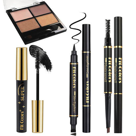 4-in-1 Eye Makeup Kit 4-Color Eyeshadow Palette Double-Ended Liquid Eyeliner Volumizing Mascara Eyebrow Pencil & Brush for Daily Makeup（02#)