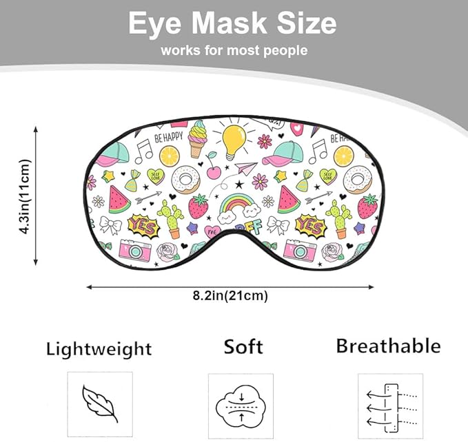 Summer Theme Sleep Mask Eye Mask Cactus Candy Cupcake Cap Donut Rainbow Arrow Sleep Mask Light Blocking Adjustable Smooth Soft Eye Masks for Women Deep Rest Travel