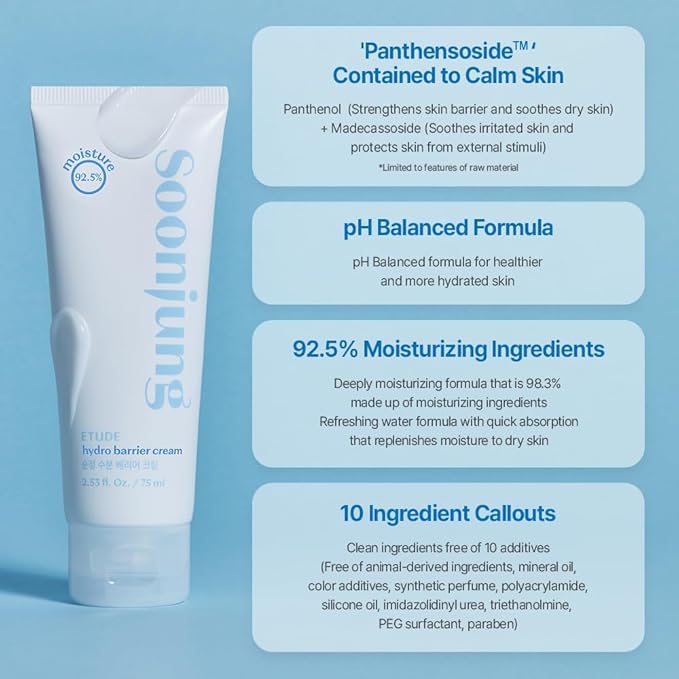 ETUDE Soonjung Hydro Barrier Cream Tube Type, Face Moisturizer for Sensitive Skin, Moisturizing and Soothing Cream, 92.2% Hydrating Ingredients, Low pH Level 5.5, Korean Skin Care, Beauty (2.53 Fl Oz)