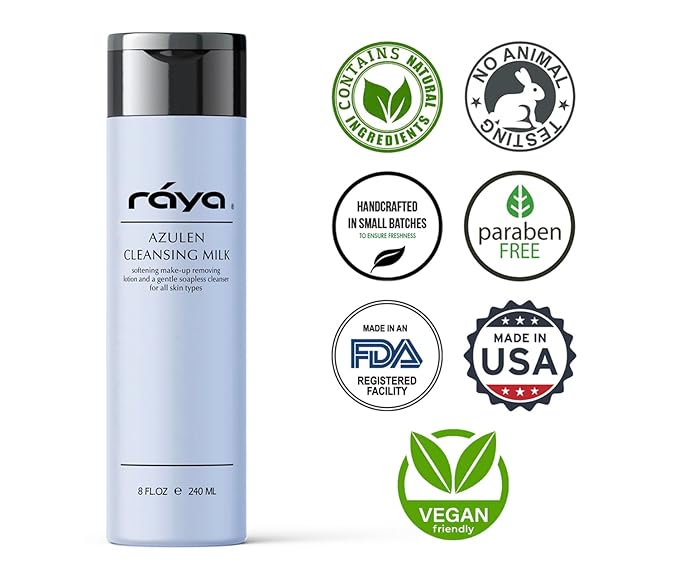Raya Azulen Facial Cleansing Milk 8 oz (150) | Calming and Refining, Soap-Free Fluid Cleanser and Make-Up Removing Lotion | Made with Azulene Extract and Aloe Vera | Great for Sensitive Skin