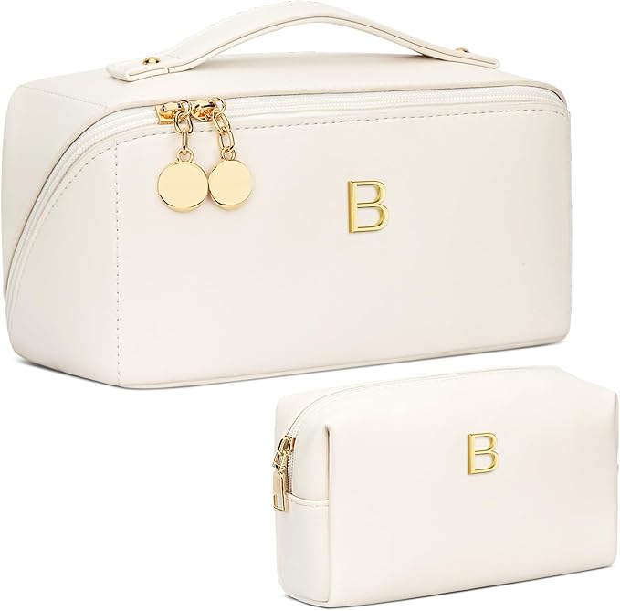 Birthday Gifts for Women Teen Girl, Personalized Initial Makeup Organizer Bag Set, Open Flat Travel Cosmetic Bag With Clear Divider and Handle(Beige,B)