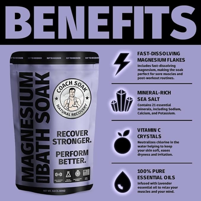 Coach Soak: Recovery Bath Soak - Fast-Absorbing Magnesium Flakes - Bath Salts with 21 Minerals & Essential Oils - Made in the USA with Dead Sea Salt, 3lbs (Calming Lavender)