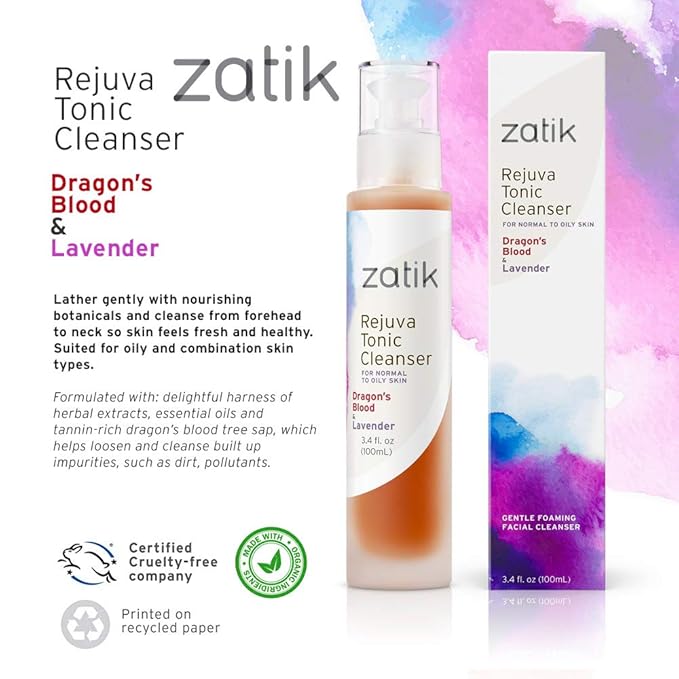 Zatik Naturals - Rejuva Tonic Cleanser with Dragon’s Blood and Lavender, Vegan, Non GMO, Free of Gluten, Soy and Alcohol, pH Balanced, Biodegradable, 3.4 fl oz,100ml