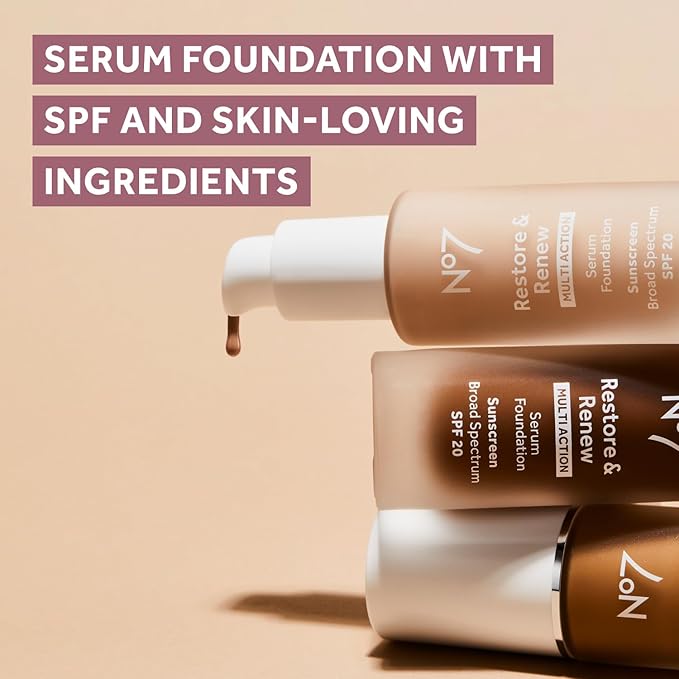 No7 Restore & Renew Multi Action Serum Foundation - Cool Beige - Liquid Foundation Makeup with Vitamin C, Vitamin E & Collagen for Face - Beauty Skin Serum Formula with Medium Coverage (30ml)
