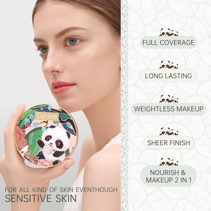 CATKIN Panda Land Full Coverage Cushion Fondation, Breathable Hydrating Nourishing Poreless Face Makeup Save for Sensitive Skin,Sheer Finish (W11 Light)