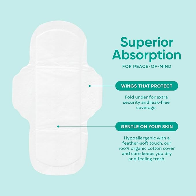 Oi | Organic Initiative - Ultra-Thin Pads with Wings | 100% Certified Organic Cotton, Unscented | Leak Free, Biodegradable | Non-GMO, Toxin Free (Super, 48, Count)