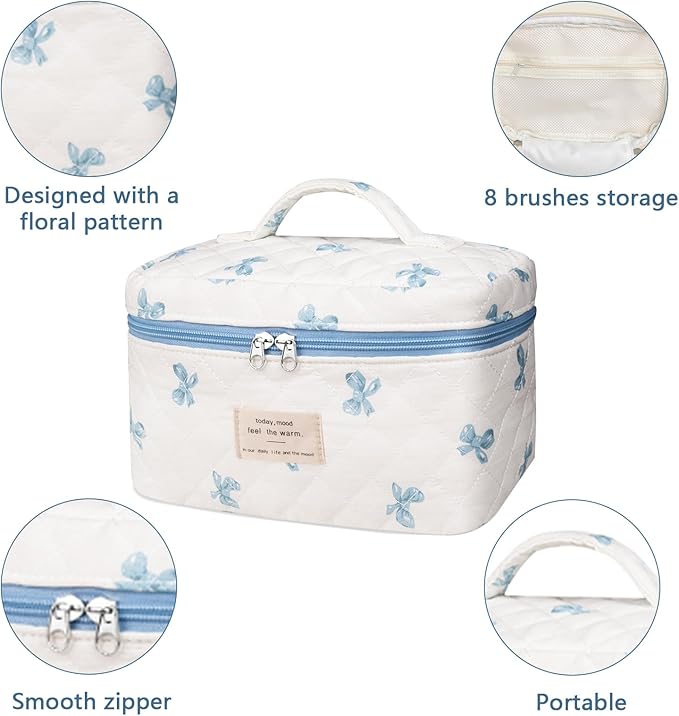 Large Makeup Bag, Cute Cosmetic Bag for Women Girls, Floral Coquette Aesthetic Toiletry Bag, Travel Make Up Organizer Bag (White Blue Butterfly Flower)