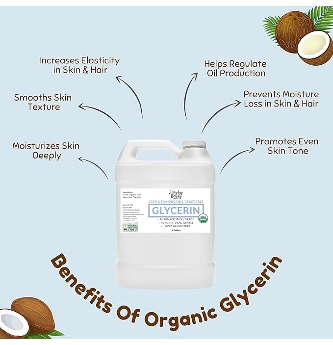 100% Organic Glycerin - Bulk 1 Gallon - For Skin & Hair - Food Grade - USDA Certified - Not From Palm Oil - Perfect Skin and Hair Moisturizer