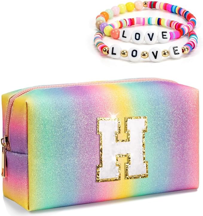 Makeup Bag with Initials, Birthday Gifts Bag for 4 5 6 7 8 9 10 11 12 Year Old Girls, Preppy Toiletry Bag, Monogrammed Zipper Pouch, Cute Letter Girly Stuff for Daughter Granddaughter (Medium)