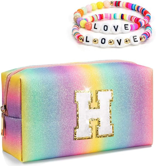 Makeup Bag with Initials, Birthday Gifts Bag for 4 5 6 7 8 9 10 11 12 Year Old Girls, Preppy Toiletry Bag, Monogrammed Zipper Pouch, Cute Letter Girly Stuff for Daughter Granddaughter (Medium)