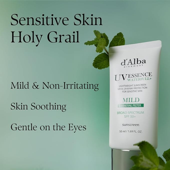 d'alba Piedmont Italian White Truffle Waterfull Mild Sunscreen, Vegan, Mineral Sunscreen, BROAD SPECTRUM SPF 50+ Non-Nano Suitable for Sensitive Skin, Korean Skin Care (1.69 fl. oz)