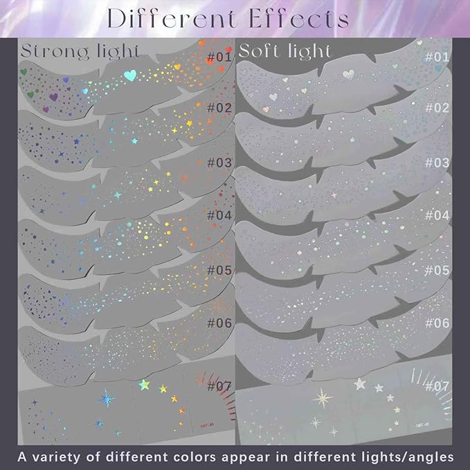 10pcs Holographic Multichrome Silver Glitter Freckles Face Tattoo Set, Color Shift Waterproof Sparkle Face Speckles Patches for Women, Cute Temporary Tattoo Rave Accessories for Fairy Makeup