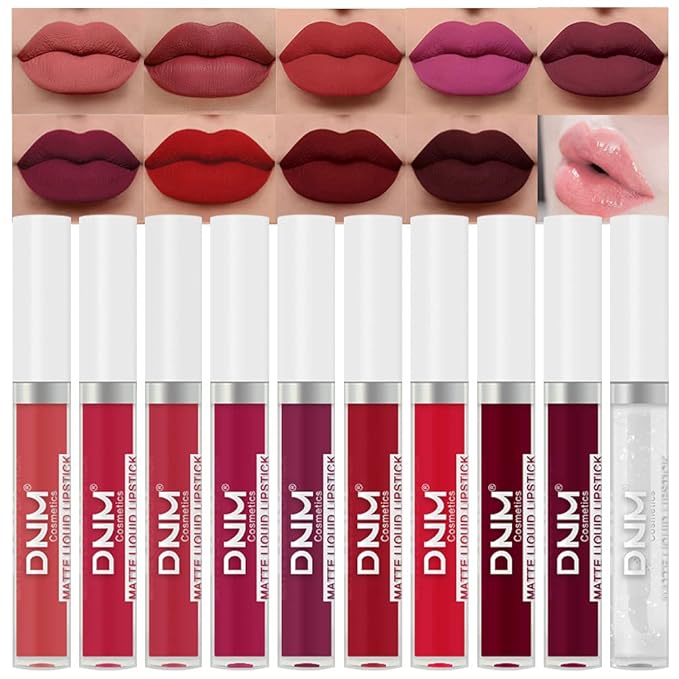 evpct 9Pcs Deep Red Black Matte Liquid Lipsticks + 1Pcs Clear Lip Plumping Plumper Gloss Makeup Set Long Lasting Lipstick 24 hour Waterproof labiales matte mate larga duracion 24 horas originales