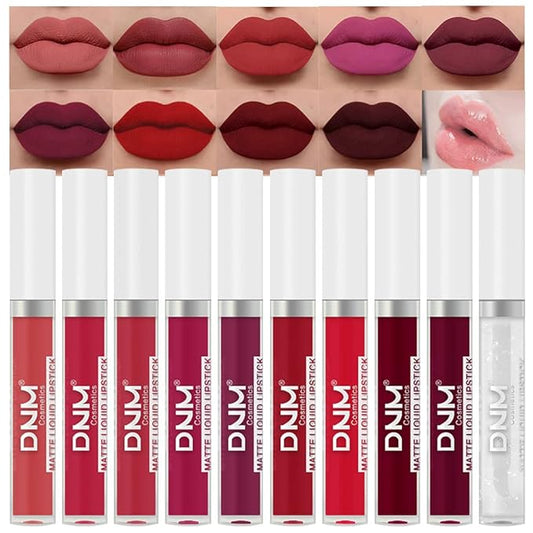 evpct 9Pcs Deep Red Black Matte Liquid Lipsticks + 1Pcs Clear Lip Plumping Plumper Gloss Makeup Set Long Lasting Lipstick 24 hour Waterproof labiales matte mate larga duracion 24 horas originales