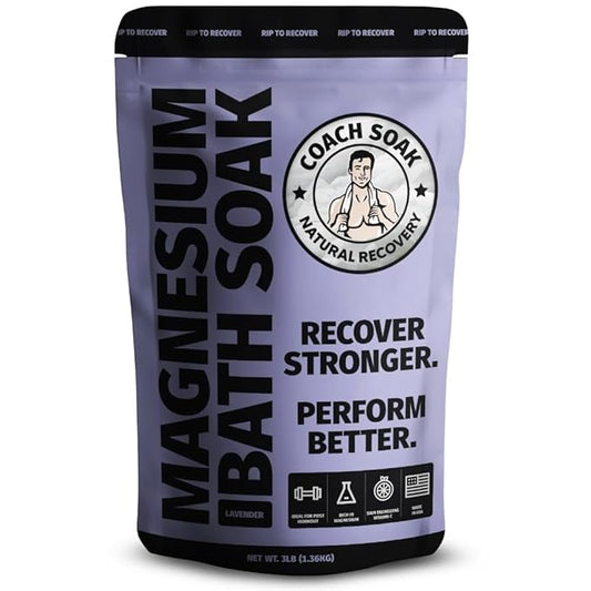 Coach Soak: Recovery Bath Soak - Fast-Absorbing Magnesium Flakes - Bath Salts with 21 Minerals & Essential Oils - Made in the USA with Dead Sea Salt, 3lbs (Calming Lavender)