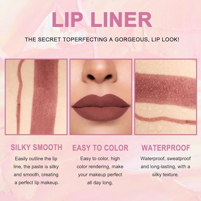 2-in-1 Brown Lip Liner & Lipstick Set Kit for Women, Matte Lips Kit with Lip Liner Lip Stains Long Lasting Waterproof 24 Hour Lipstick and Lip Liners Combo Lipliners Pencil Set 11