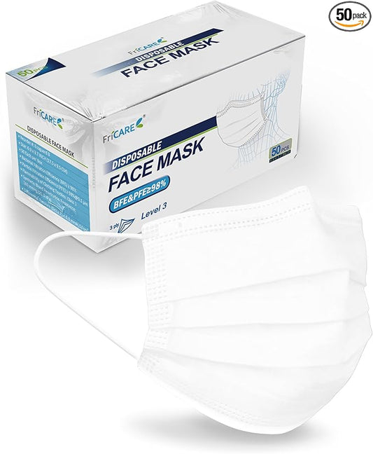 FriCARE Disposable Face Masks, 3-Ply ASTM Level 3 Medical Grade, FSA/HSA Eligible, Breathable & Comfortable for Allergy/Sun Protection, 50 Pack White