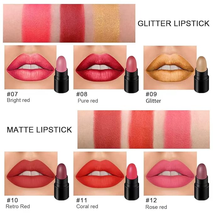 12 Pcs Capsule Lipstick Packs: 3 Strawberry Mint Apple Flavor Lip Balm, 3 Color Changer Jelly Lipstick, 3 Matte, 3 Metallic, Long Lasting Waterproof