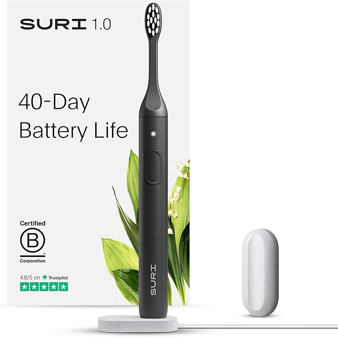 SURI 1.0 Sonic Electric Toothbrush | 1 Month+ Battery | Designed in California | Sustainable Electric Toothbrush for Adults | Travel Toothbrushes | Tooth Brush | Black