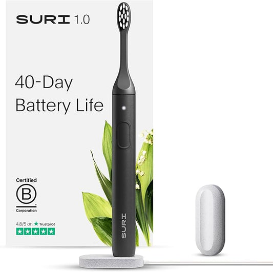 SURI 1.0 Sonic Electric Toothbrush | 1 Month+ Battery | Designed in California | Sustainable Electric Toothbrush for Adults | Travel Toothbrushes | Tooth Brush | Black