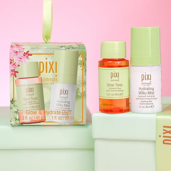 Pixi Beauty Glow Tonic + Hydrating Milky Mist Duo Ornament | Gift Set Contains Petite Sizes of Glow Tonic and Hydration Milky Mist in Holiday Ornament Box