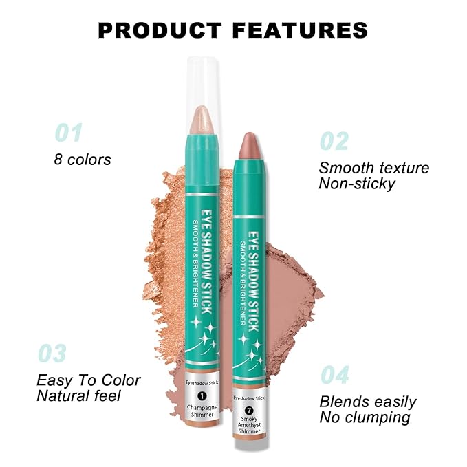 4Pcs Eyeshadow Stick, Eye Brightener Stick, Shimmer Creamy Eye Shadow Makeup, Waterproof Long Lasting Glitter Highlighter Eye Liner Pencil (4PCS A)