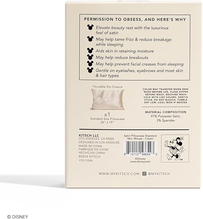 Kitsch & Disney Minnie Mouse Satin Pillowcase with Zipper Softer Than Silk, Cooling Pillow Case for Hair & Skin, Wrinkle-Free, Machine Washable, Queen/Standard (19x26)