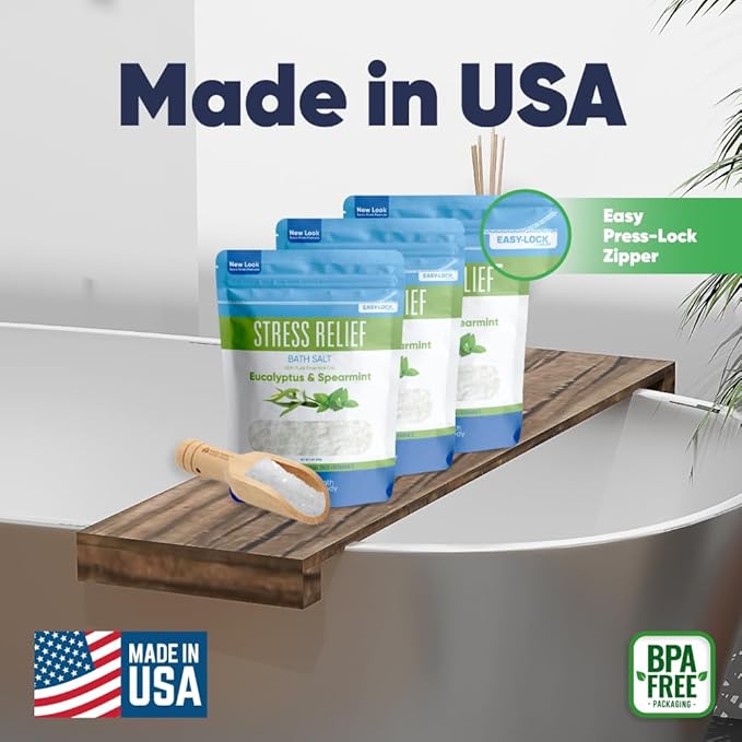 Stress Relief Bath Salt (3 Pack Plus Scoop) Epsom Salt Relaxing Bath with Eucalyptus and Spearmint Essential Oils Plus Vitamin C Crystals in BPA Free Pouch Made in USA 2 lbs Pouches 6 Lbs Total