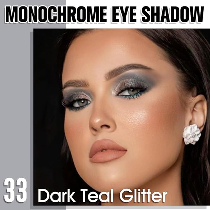 Dark Teal Glitter Single Eyeshadow, Lightweight Blendable Mini Eye Shadow for Older Women, Monochrome Eyeshadow Palette Makeup Pigmented Waterproof, Vegan & Cruelty-Free, 33