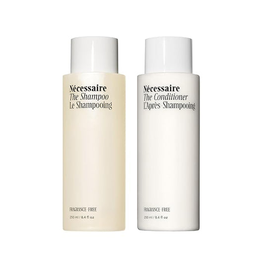 Nécessaire The Hair Duo - Shampoo and Conditioner Set 2 x Full-Size. The Shampoo + The Conditioner. Hyaluronic Acid + Vitamin B Complex. Fragrance-Free. Approved by the National Eczema Association.