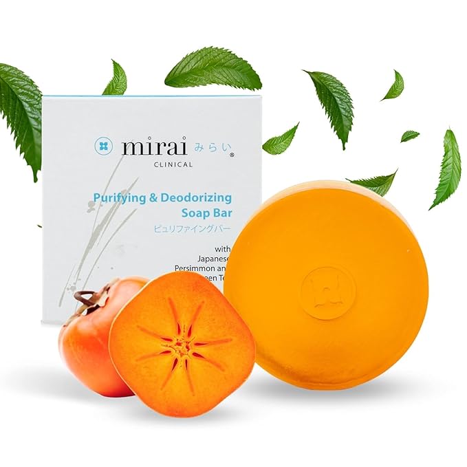 MIRAI Clinical Persimmon Soap Bar for Old People Smell - Nonenal Solution - Japanese Persimmon and Green Tea Extract - For Men and Women - Gentle on All Skin Types - Natural Body Odor Soap