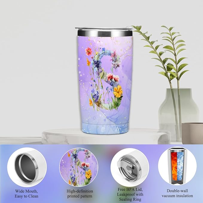 Personalized Gifts for Women Monogrammed Birthday Gifts for Women, Wife Girlfriend Christmas, Initial 20 oz Tumbler, Makeup Cosmetic Bag Cup Pens Journal Notebook 6 Set, (Aesthetic Purple Flower S)