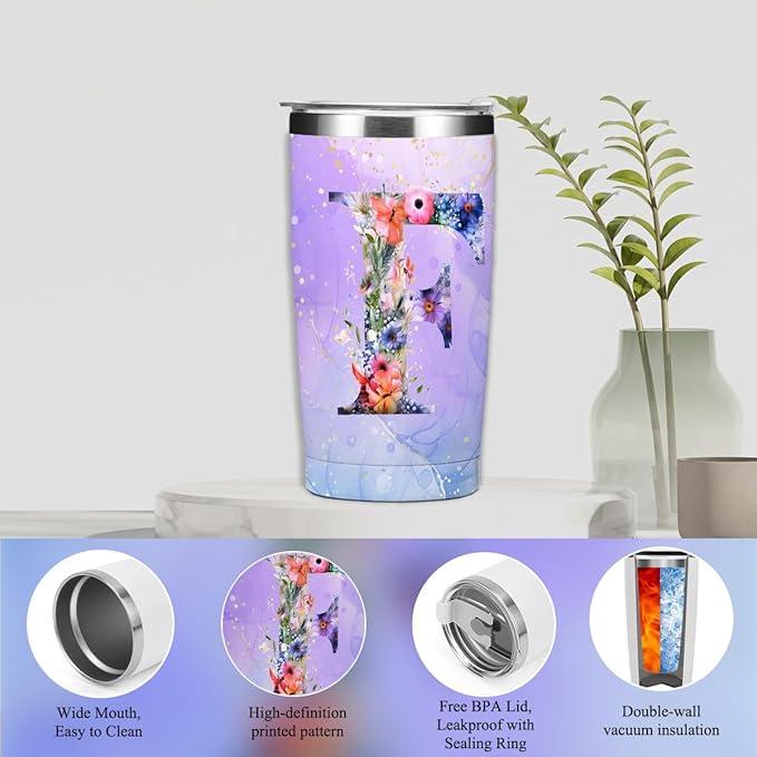 Personalized Gifts Monogrammed Birthday Gifts for Women, Aunt Grandma Retirement Christmas Initial 20 oz Tumbler, Makeup Bag Cup Ballpoint Pens Journal Notebook 6 Set, (Aesthetic Purple Flower F)